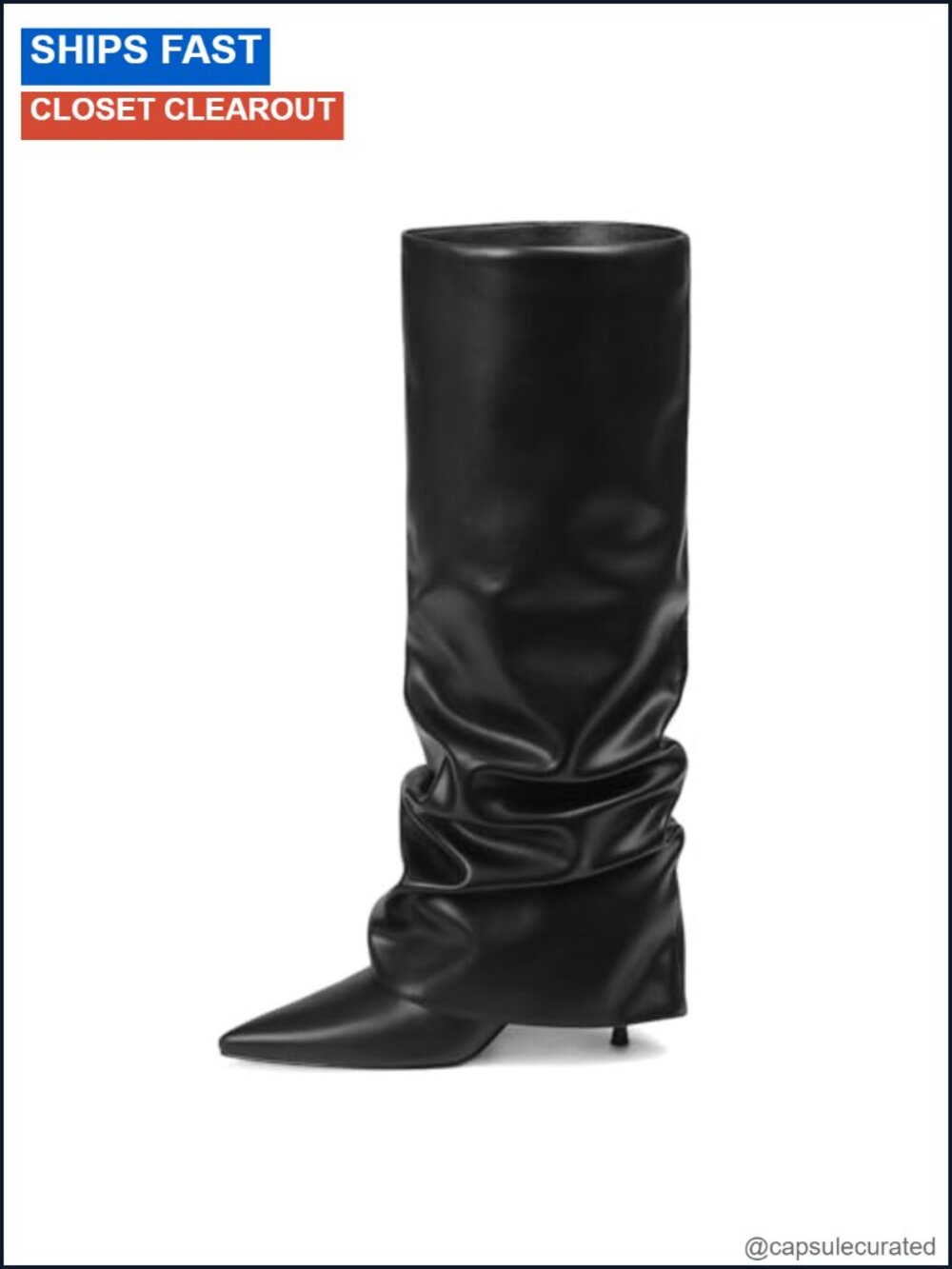 Fold Over Knee High Boots Wide Calf Stiletto Heel Slouch Boots